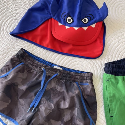 Next Boys' Swimwear Set like new, size 5-6, includes hat and 3 shorts