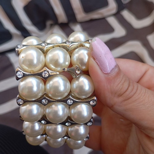 Bracelet with pearls used, elastic cuff with vintage rhinestones