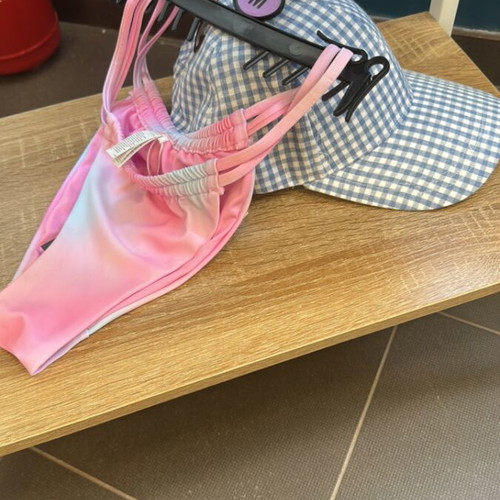 Jockey hat and swimsuit set, pink and turquoise
