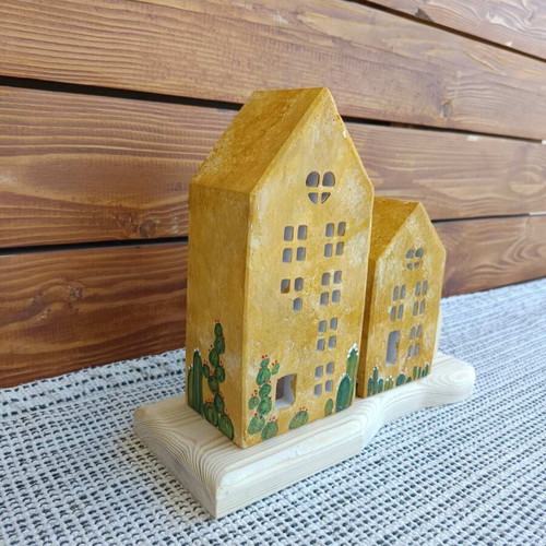 Handmade Cement Houses on Wood