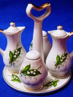 Chodziez Lily of the valley porcelain oil vinegar salt pepper set used on tray