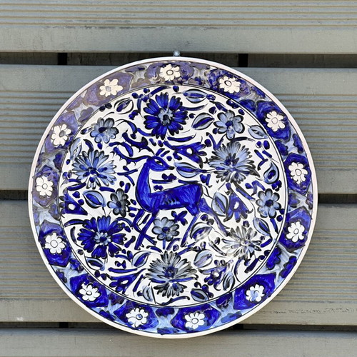 Large Handmade Ikaros Ceramic Plate with Blue Deer Design, used