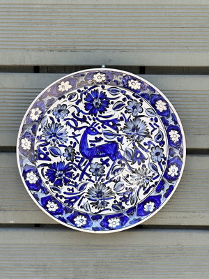 Large Handmade Ikaros Ceramic Plate with Blue Deer Design, used