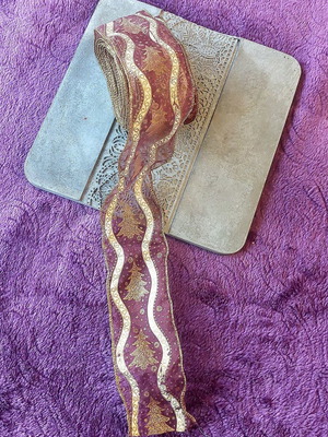 Christmas ribbon for wrapping, 10 meters, gold glitter and fir trees