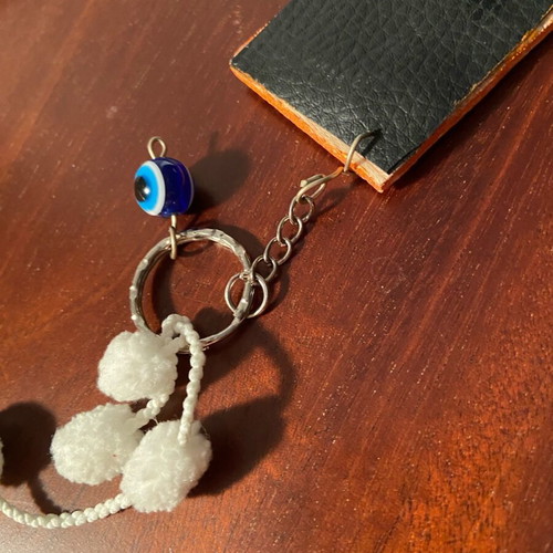 Wooden keychain with ciel stones and evil eye new
