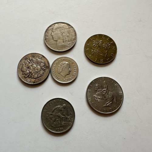 Set of 6 used coins from Japan, Netherlands, Belgium, Austria, Luxembourg