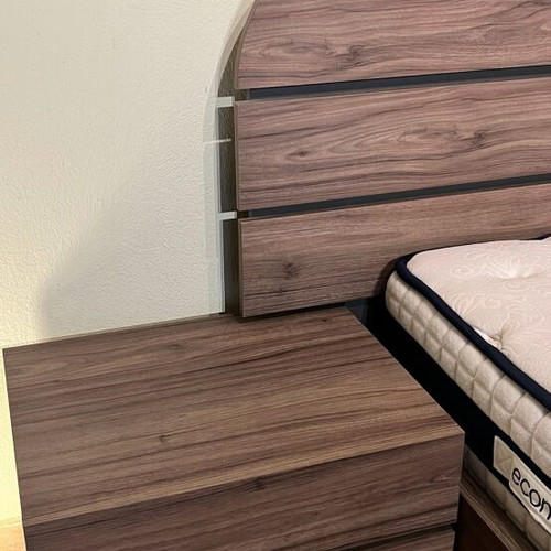 Double bed with bedside table set, wood veneer beige brown