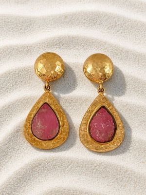 Handmade hammered earrings with gold-plated brass and pink quartz new