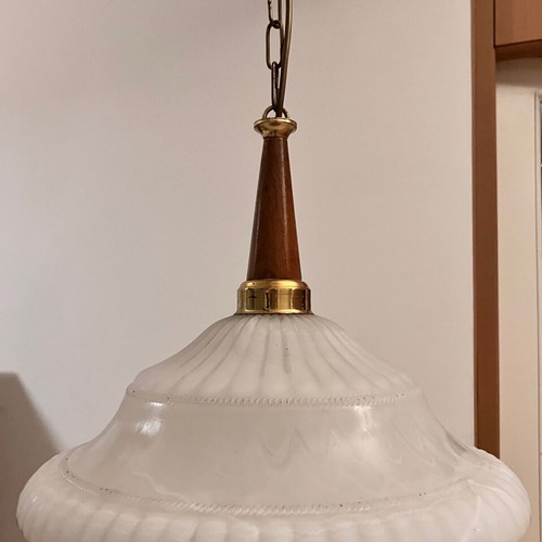 Pendant light vintage, glass, wood and metal, like new, 40 cm diameter