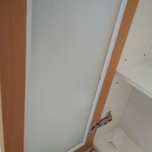 Bathroom cabinet used, lacquered ecru with oak frame and frosted glass door