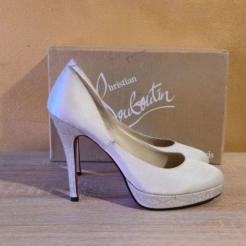 Christian Louboutin women's ivory satin high heels with Swarovski crystals