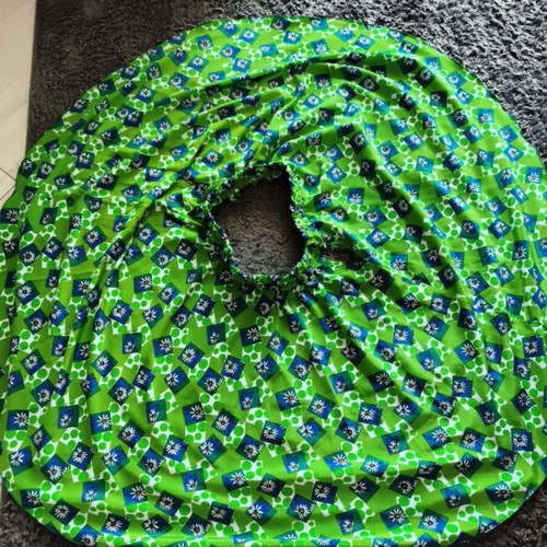 Handmade midi flared skirt, green with blue geometric pattern