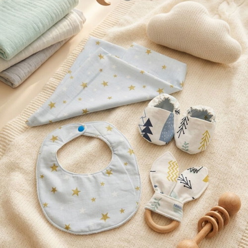 Handmade baby set with blanket, bib, shoes, pillowcase and wooden decoration