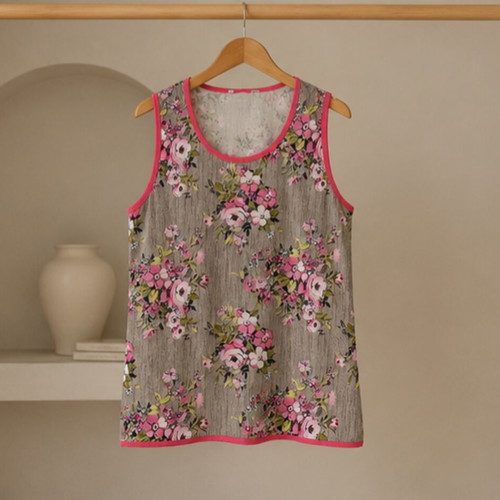 Sleeveless women's blouse XL new, cotton, beige with pink floral design