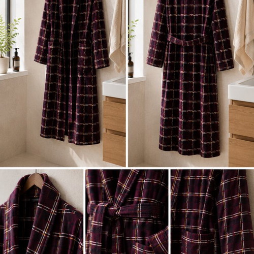 Men's 3XL Cotton Bathrobe, burgundy plaid