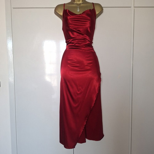 Shein dark wine red satin midi dress with slit, size medium