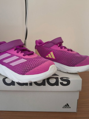 Adidas Duramo 27 used purple sports shoes with yellow details