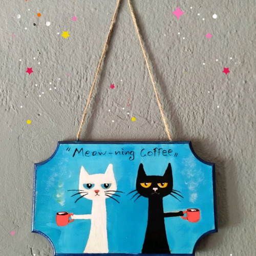 Wooden hanging frame Meow-morning painting new 13×20 cm