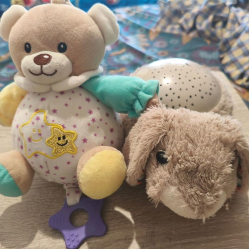 Children's Night Projector used with plush bunny and musical teddy bear gift
