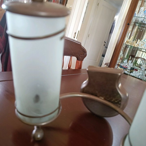 Old wall lights used, glass and bronze, set of two