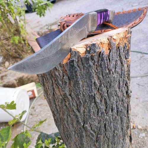 Handmade kukri style hunting knife Damascus steel with leather sheath