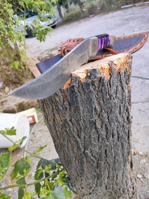 Handmade kukri style hunting knife Damascus steel with leather sheath