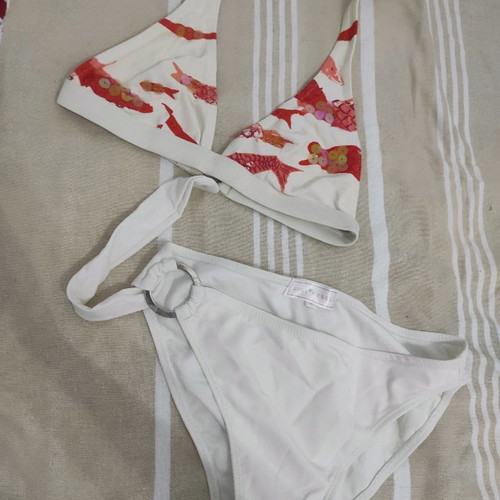 Bikini swimsuit white with orange details and sequins small in very good condition