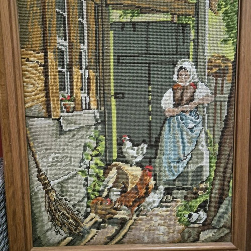German gobelin in wooden frame like new, village theme