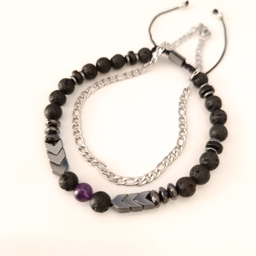 Unisex Bracelet Set with Steel Figaro Chain & Black Semi-Precious Stones