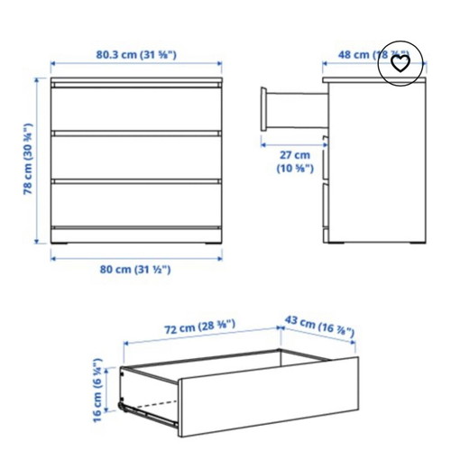 Malm dresser with 3 drawers like new, IKEA, 2 available