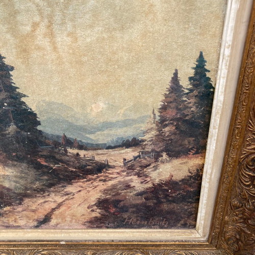 Large 1950s painting with period golden frame and mountain subject signed Heimbach used