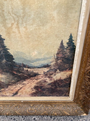 Large 1950s painting with period golden frame and mountain subject signed Heimbach used
