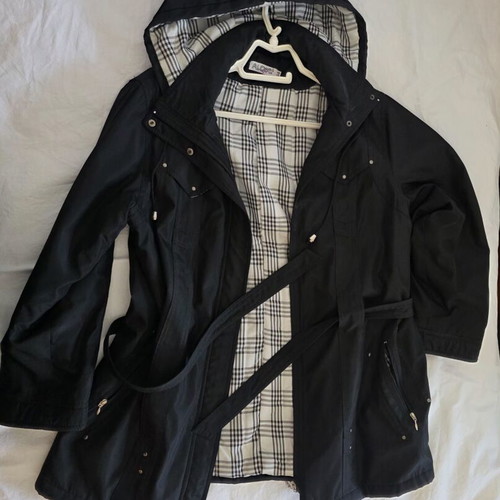 Women's black jacket halfcoat with hood and checkered lining like new, size M