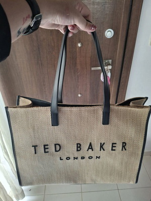 Ted Baker raffia τσάντα ώμου μεταχειρισμένη, μεγάλο μέγεθος, μαύρο-μπεζ