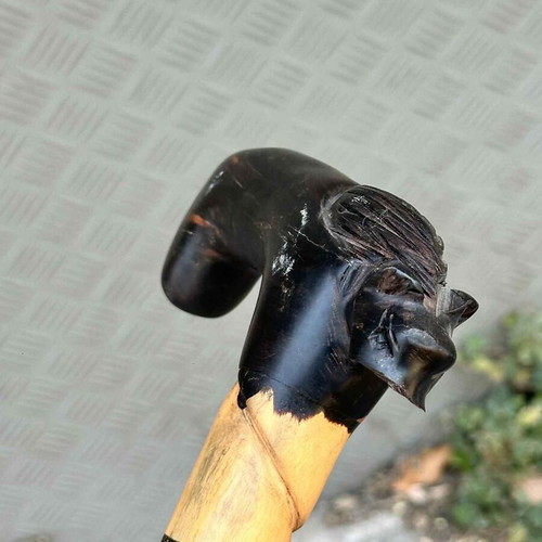Handmade wooden cane with horse head used, carved artistic detail