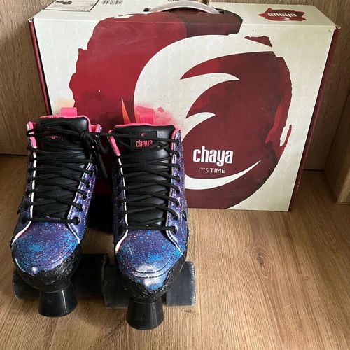 Chaya roller skates used with black tape, suitable for skate park