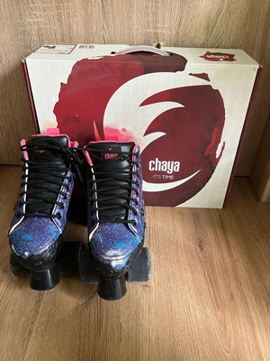 Chaya roller skates used with black tape, suitable for skate park