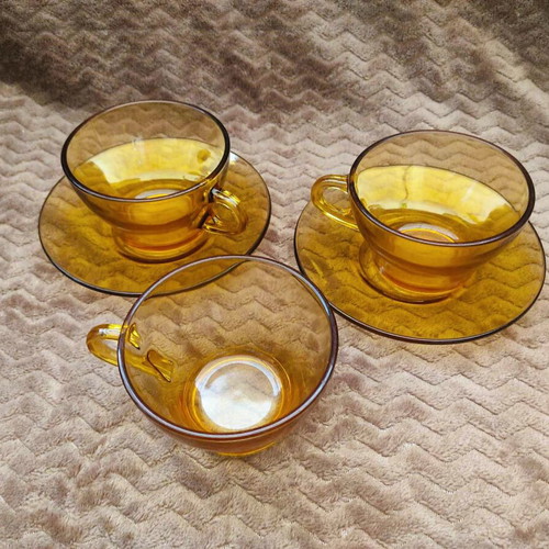 Bormioli VitroSax Italy cups and plates used, set of 5, vintage '70