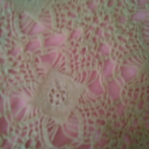 Table linens set used, small beige doily and ecru square