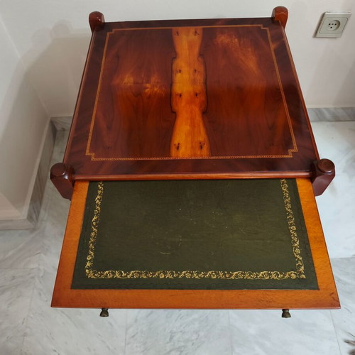 Pair of classic side tables with leather sliding shelf like new