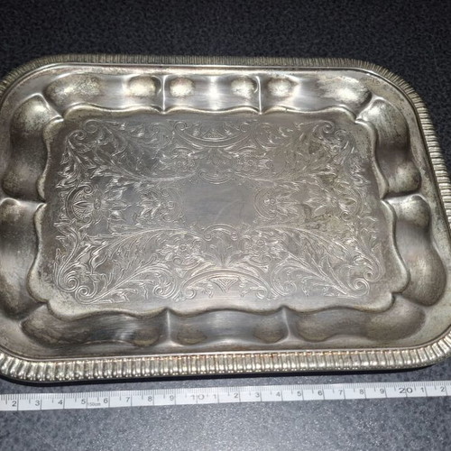 Silver Plated Serving Tray with Embossed Floral Design, Like New
