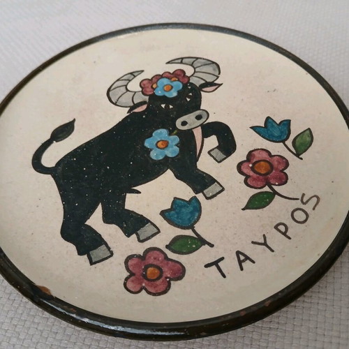 Vintage handmade ceramic plate Taurus zodiac