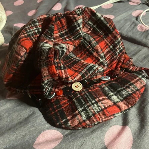 Plaid button hat handmade, red