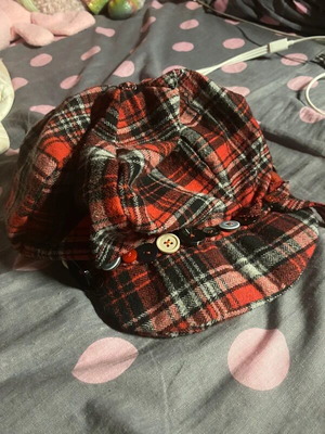 Plaid button hat handmade, red