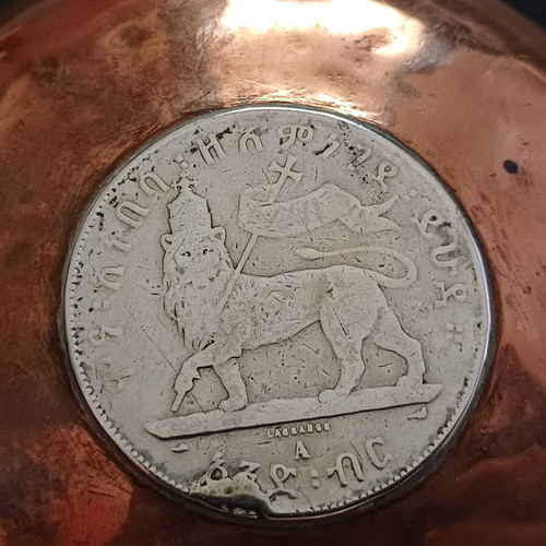 Vintage copper bowls set of 2 with silver 1 Birr coins Ethiopia Menelik II
