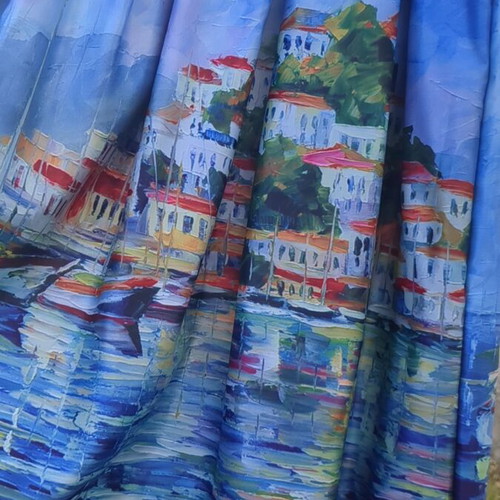 Midi skirt like new with Greek island digital print, satin fabric