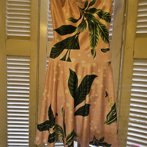 Pink tropical dress with leaf print like new, size S