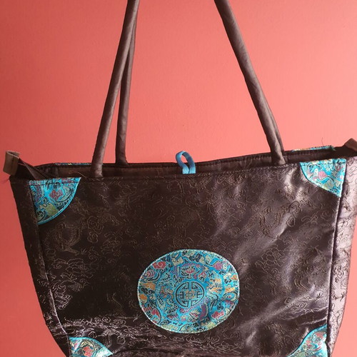 Chinese satin bag used, black and turquoise, 38x26 cm, broken zipper