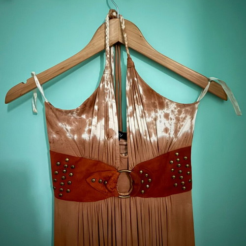 Sky boho maxi cotton dress with tie-dye and leather detail used