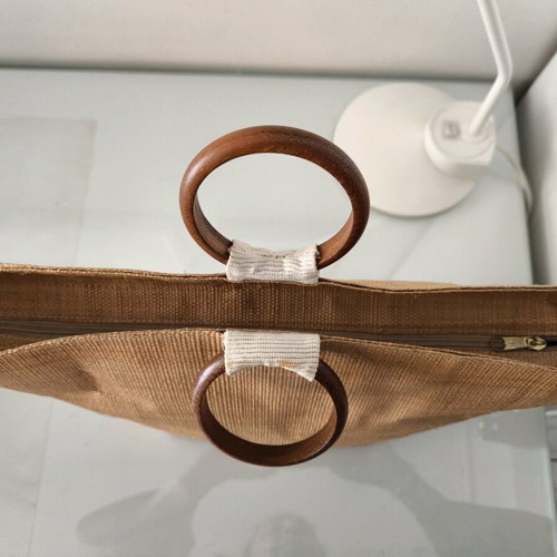 Raffia tote bag Astrup new, beige and brown, wooden handles